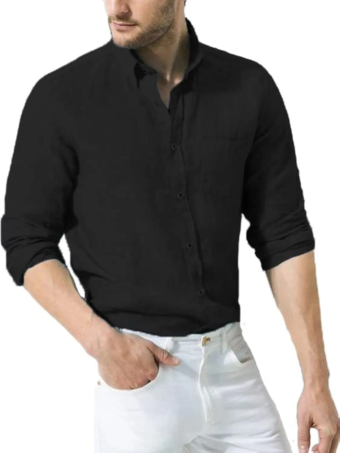 TURETRENDY Mens Button Down Linen Shirts Casual Long Sleeve Dress Shirts Regular Fit Cotton Beach Yoga Shirts with Pocket