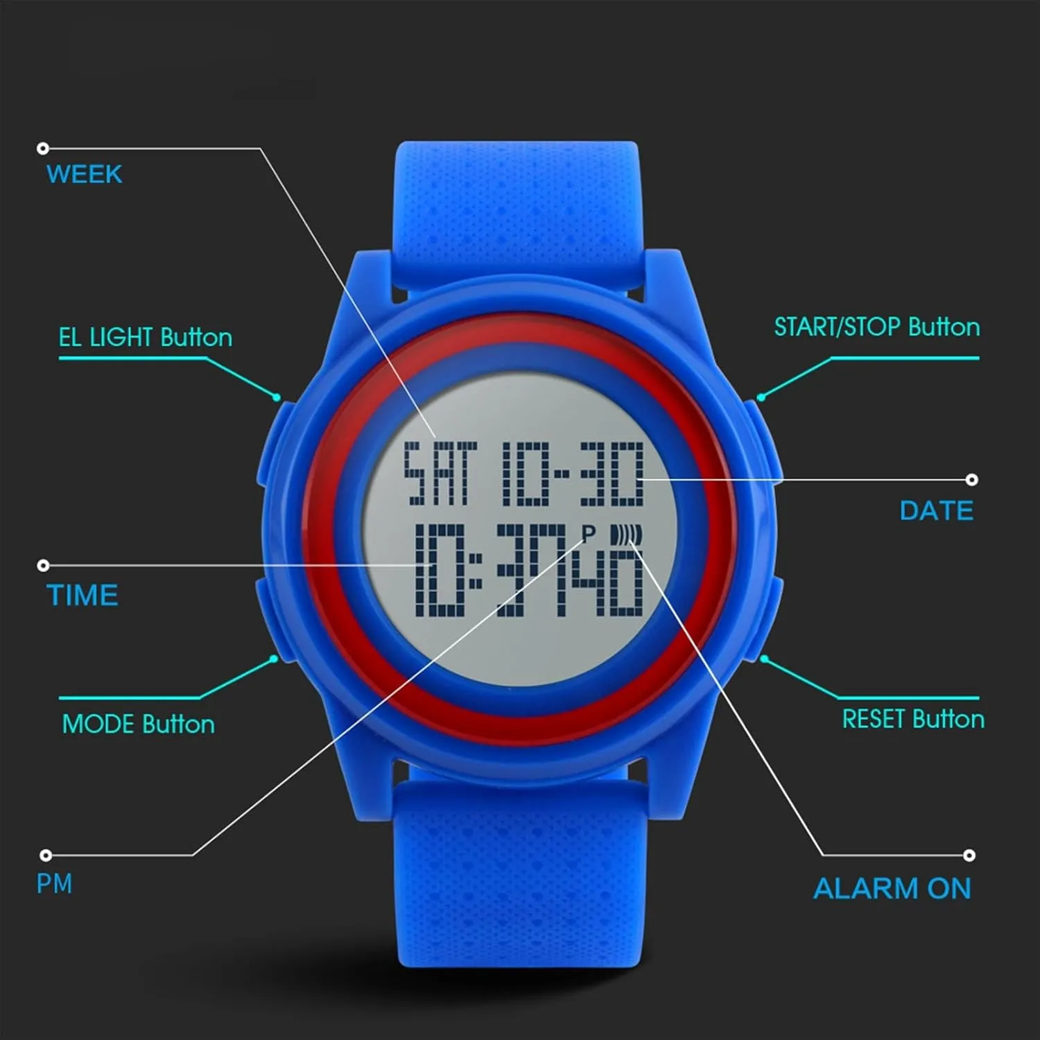 Unisex Digital Watch Waterproof 50M, Shock Resistant Outdoor Sports Wristwatch with Stopwatch, Backlight, Alarm, Dual Time Zones, Ideal for School, Travel, Fitness and Daily Wear