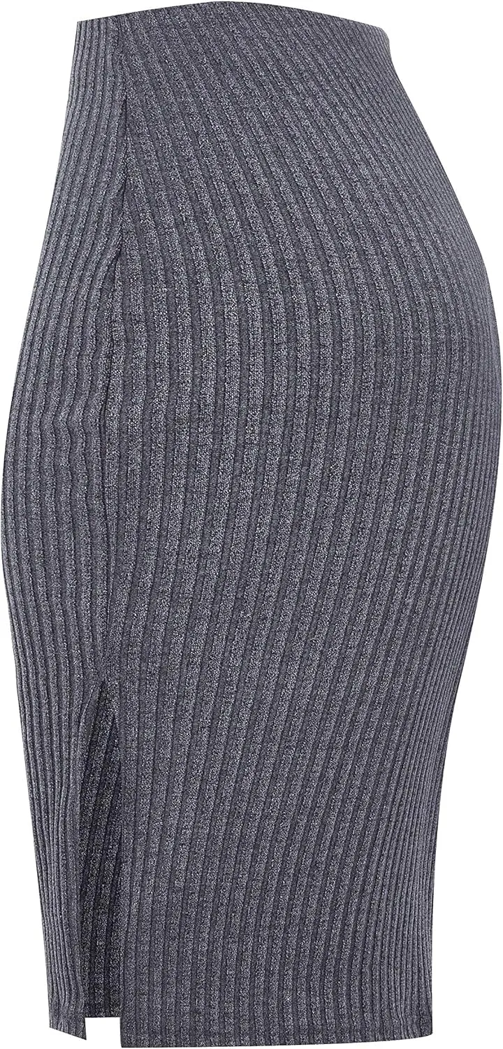 Urban CoCo Women's High Waist Stretch Ribbed Knit Pencil Skirt Midi Length with Side Slit Office Work Bodycon Style