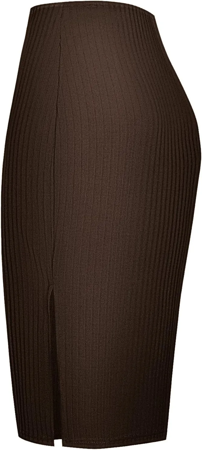Urban CoCo Women's High Waist Stretch Ribbed Knit Pencil Skirt Midi Length with Side Slit Office Work Bodycon Style