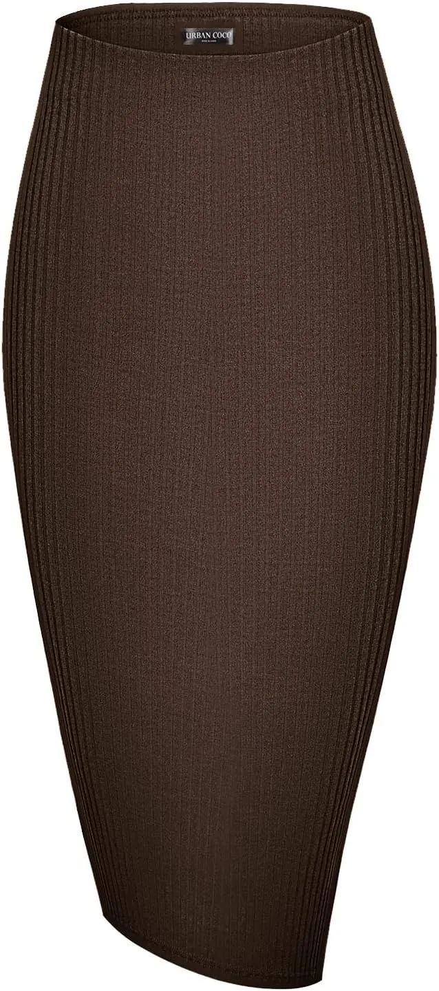 Urban CoCo Women's High Waist Stretch Ribbed Knit Pencil Skirt Midi Length with Side Slit Office Work Bodycon Style