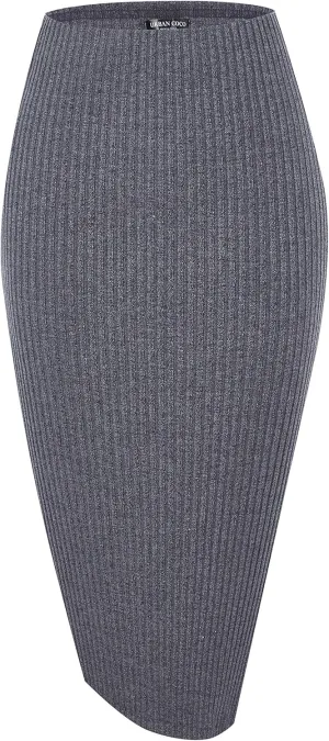 Urban CoCo Women's High Waist Stretch Ribbed Knit Pencil Skirt Midi Length with Side Slit Office Work Bodycon Style