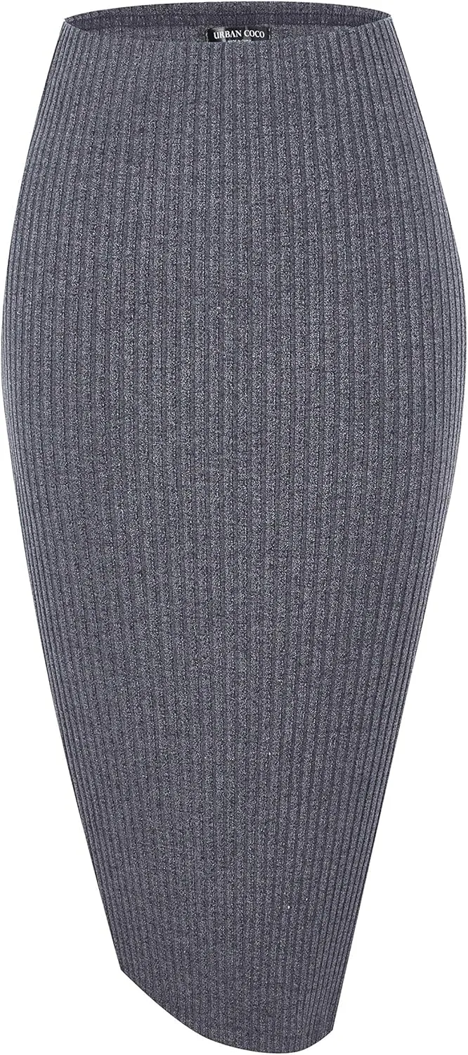 Urban CoCo Women's High Waist Stretch Ribbed Knit Pencil Skirt Midi Length with Side Slit Office Work Bodycon Style