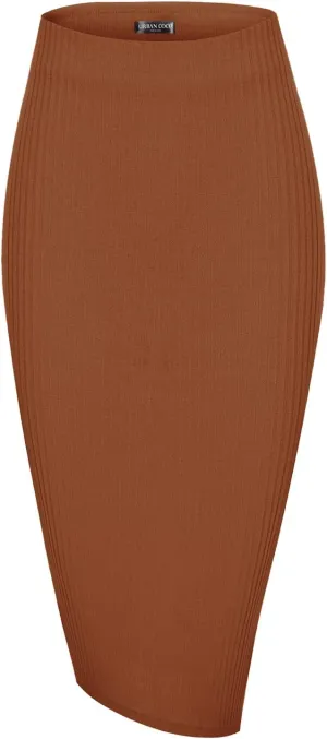 Urban CoCo Women's High Waist Stretch Ribbed Knit Pencil Skirt Midi Length with Side Slit Office Work Bodycon Style