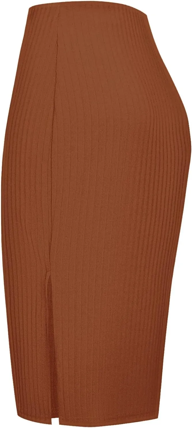 Urban CoCo Women's High Waist Stretch Ribbed Knit Pencil Skirt Midi Length with Side Slit Office Work Bodycon Style