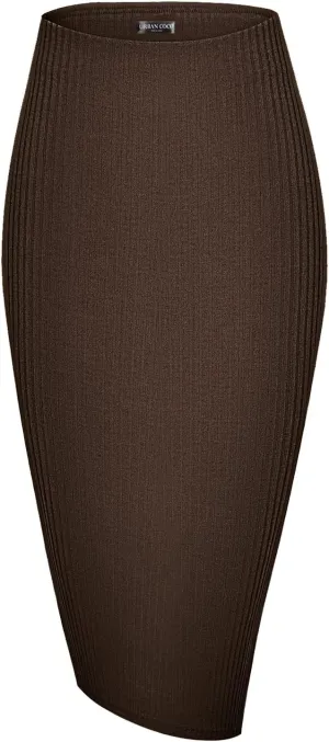 Urban CoCo Women's High Waist Stretch Ribbed Knit Pencil Skirt Midi Length with Side Slit Office Work Bodycon Style