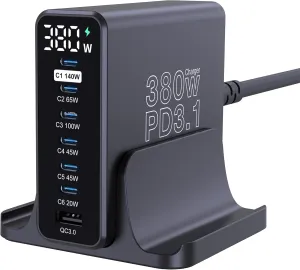 URVNS 380W USB C Charger, GaN III 7 Ports PD3.1 140W PPS 45W QC60W Fast Charging Station with LED Display for MacBook Laptop, iPhone 16/15/14 Pro Max, iPad, Galaxy S23/S24, Steam Deck and More
