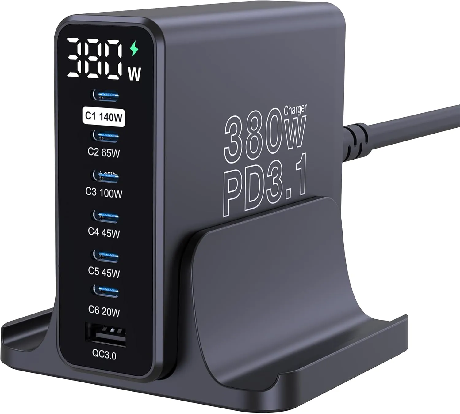 URVNS 380W USB C Charger, GaN III 7 Ports PD3.1 140W PPS 45W QC60W Fast Charging Station with LED Display for MacBook Laptop, iPhone 16/15/14 Pro Max, iPad, Galaxy S23/S24, Steam Deck and More