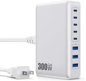 USB C Charger 300W USB C Charger Block 8-Ports GaN IV Fast Charging Station,PD 100W Laptop Charger Hub Wall Charger Adapter Compatible with MacBook/Air,DELL,Steam Desk,iPhone 16/15/14,Galaxy S24 etc