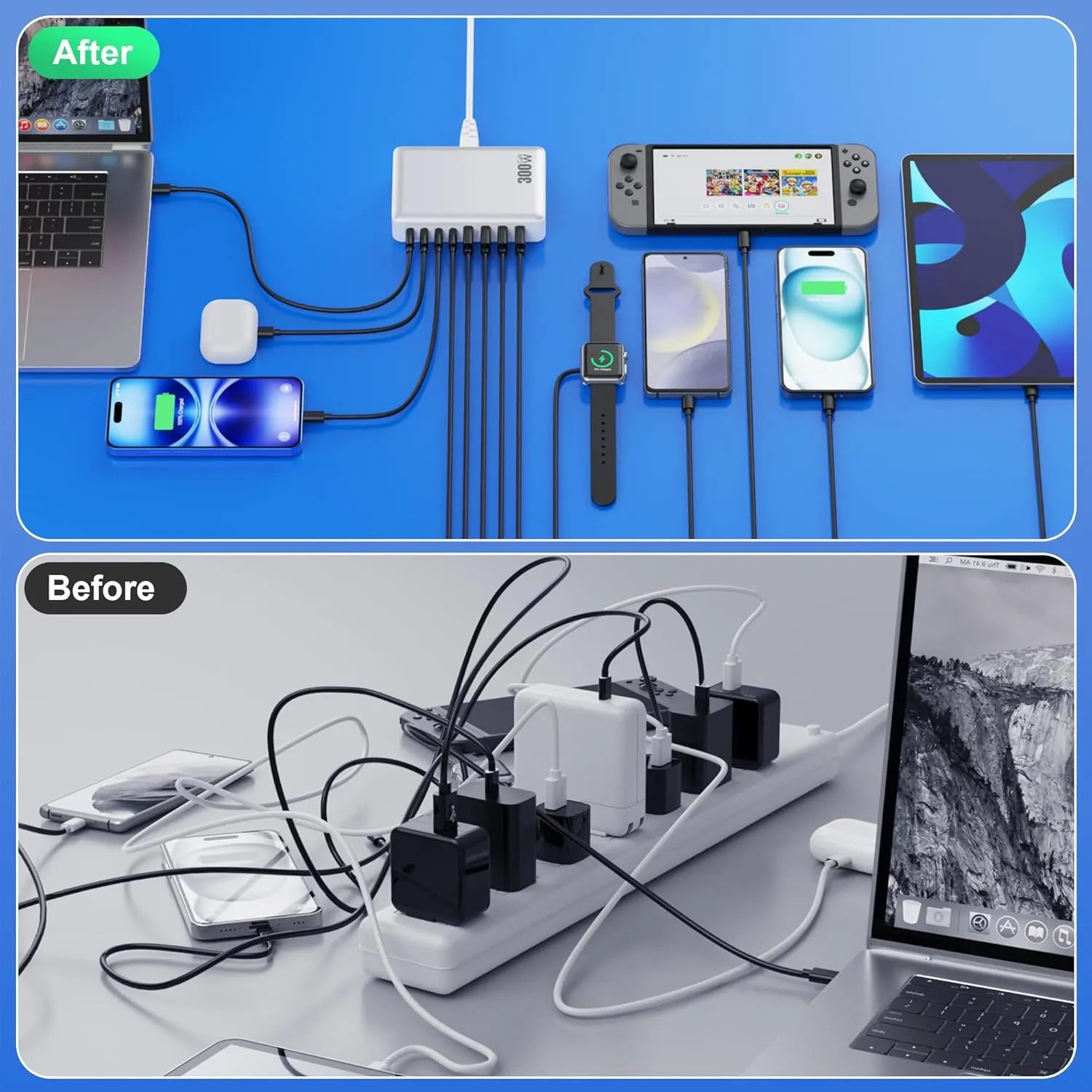 USB C Charger 300W USB C Charger Block 8-Ports GaN IV Fast Charging Station,PD 100W Laptop Charger Hub Wall Charger Adapter Compatible with MacBook/Air,DELL,Steam Desk,iPhone 16/15/14,Galaxy S24 etc