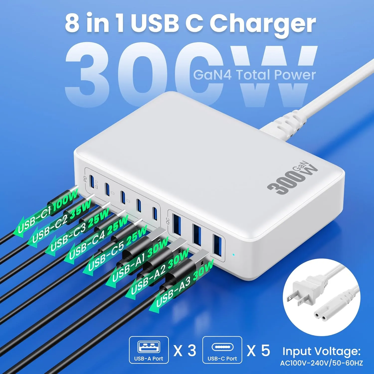 USB C Charger 300W USB C Charger Block 8-Ports GaN IV Fast Charging Station,PD 100W Laptop Charger Hub Wall Charger Adapter Compatible with MacBook/Air,DELL,Steam Desk,iPhone 16/15/14,Galaxy S24 etc