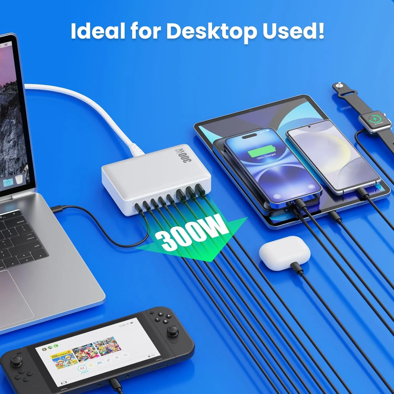 USB C Charger 300W USB C Charger Block 8-Ports GaN IV Fast Charging Station,PD 100W Laptop Charger Hub Wall Charger Adapter Compatible with MacBook/Air,DELL,Steam Desk,iPhone 16/15/14,Galaxy S24 etc