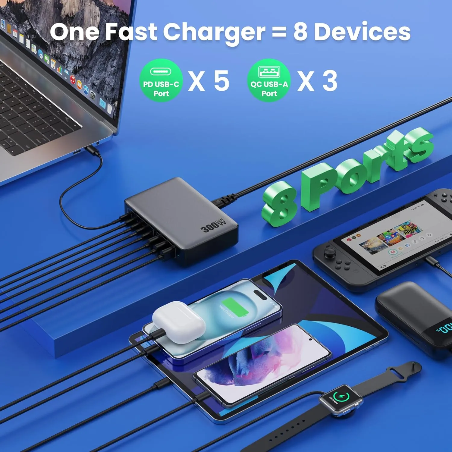 USB C Charger 300W USB C Charger Block GaN IV 8-Port Fast Charging Station Hub,Upgraded PD 100W Laptop Desktop Chargers Adapter for MacBook Pro/Air,DELL,Steam Desk,iPhone 16/15/14,Samsung Galaxy S25