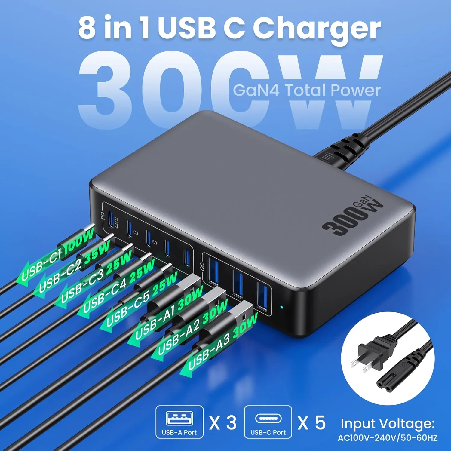 USB C Charger 300W USB C Charger Block GaN IV 8-Port Fast Charging Station Hub,Upgraded PD 100W Laptop Desktop Chargers Adapter for MacBook Pro/Air,DELL,Steam Desk,iPhone 16/15/14,Samsung Galaxy S25