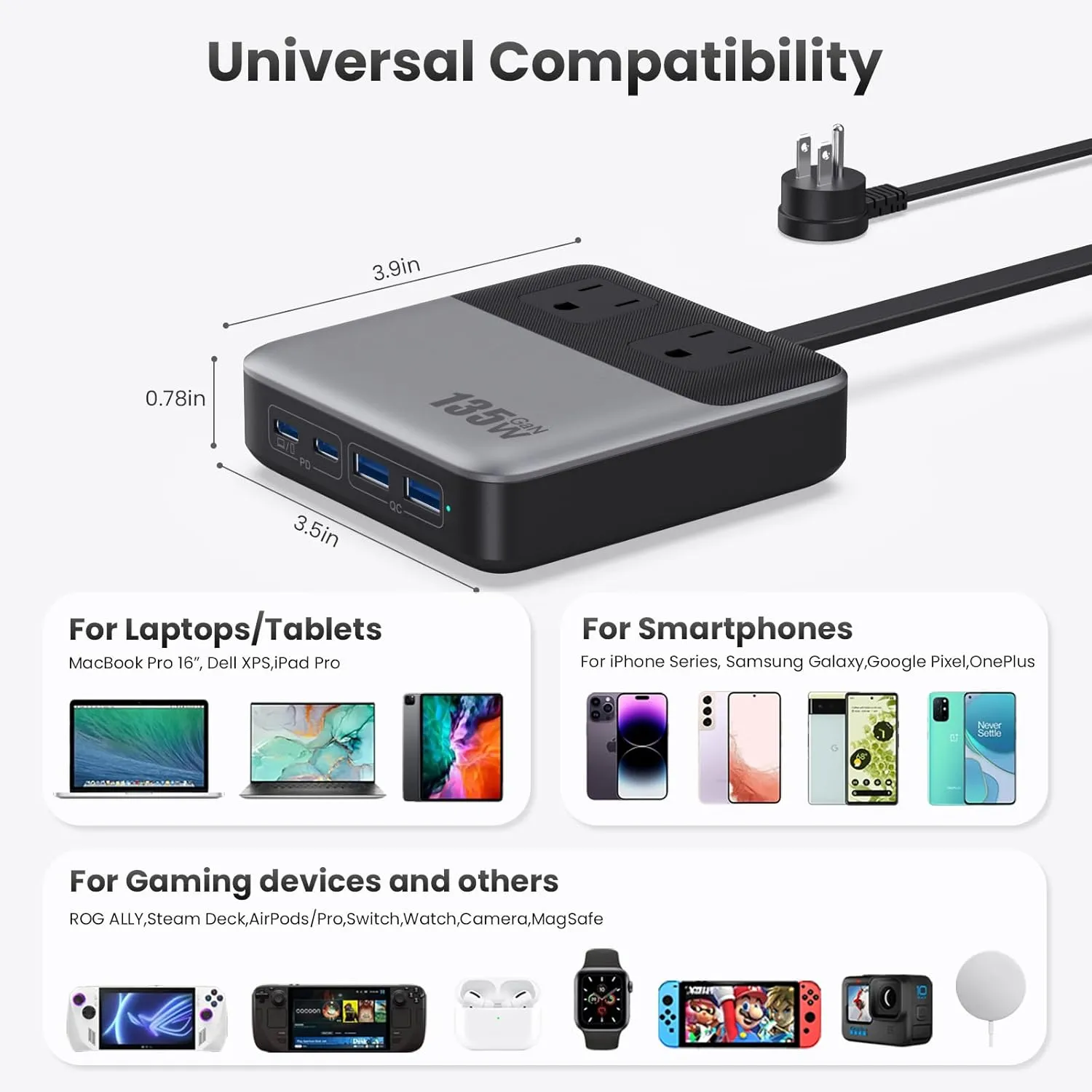 USB C Charger Block,135W GaN Fast Charging Station Hub,6-in-1 USB C Power Strip with 5ft Cord,2 AC & 2 USB A & C,PD 65W Laptop Charger for MacBook Air/Pro,iPhone16/15,Galaxy S24 etc