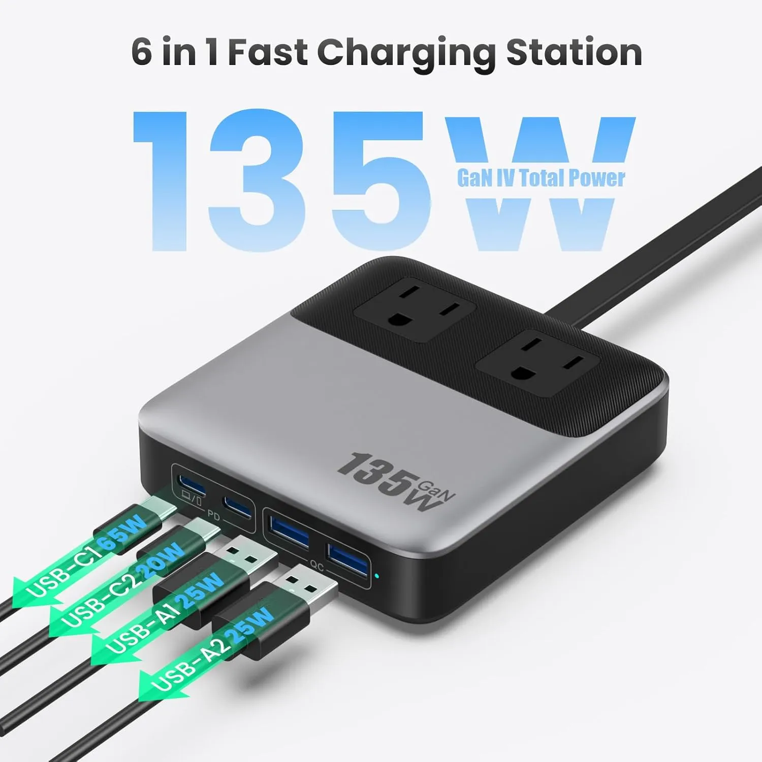 USB C Charger Block,135W GaN Fast Charging Station Hub,6-in-1 USB C Power Strip with 5ft Cord,2 AC & 2 USB A & C,PD 65W Laptop Charger for MacBook Air/Pro,iPhone16/15,Galaxy S24 etc