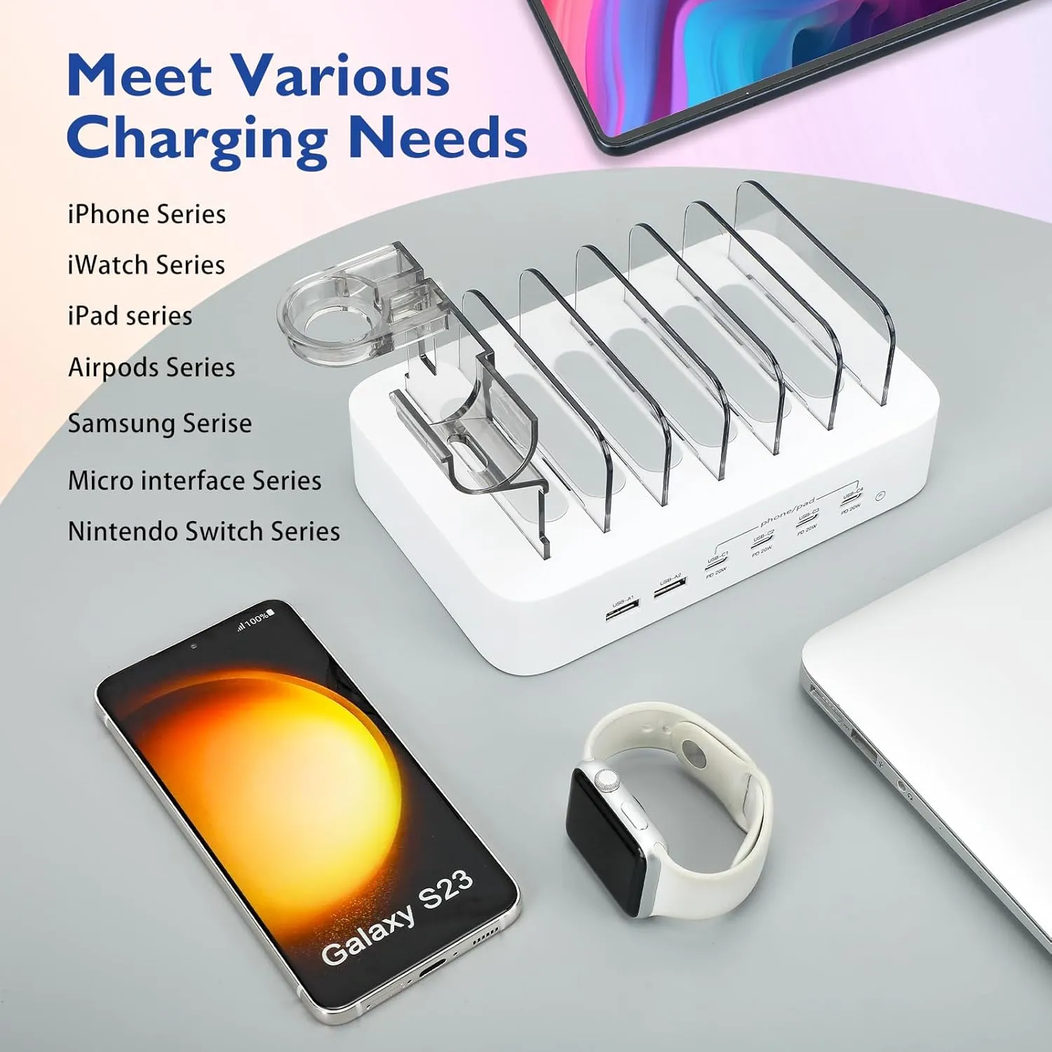 USB C Charging Station for Multiple Devices Apple,100W 4 PD and 2 USB Charger Stations Compatible with Apple iPhone iPad and Android Phone and Tablet,Type C Multi Charging Station