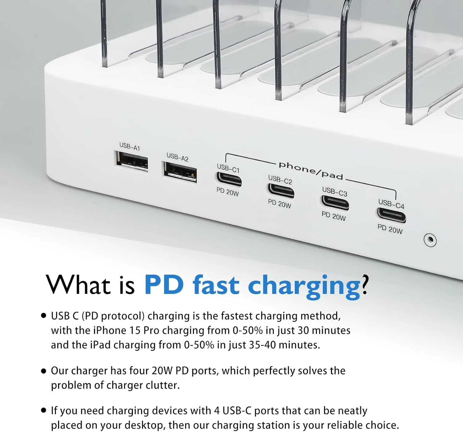 USB C Charging Station for Multiple Devices Apple,100W 4 PD and 2 USB Charger Stations Compatible with Apple iPhone iPad and Android Phone and Tablet,Type C Multi Charging Station