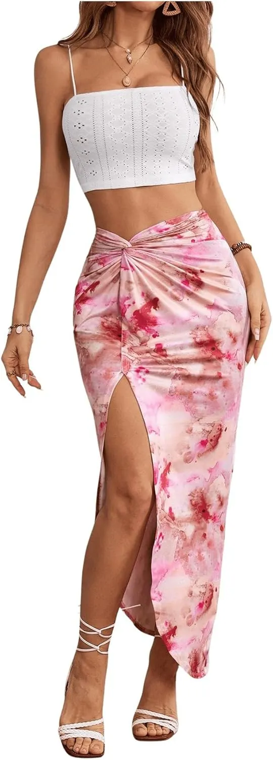 Verdusa Women's 2 Piece Holiday Outfits Crop Cami Top and Tie Dye Long Skirt Set