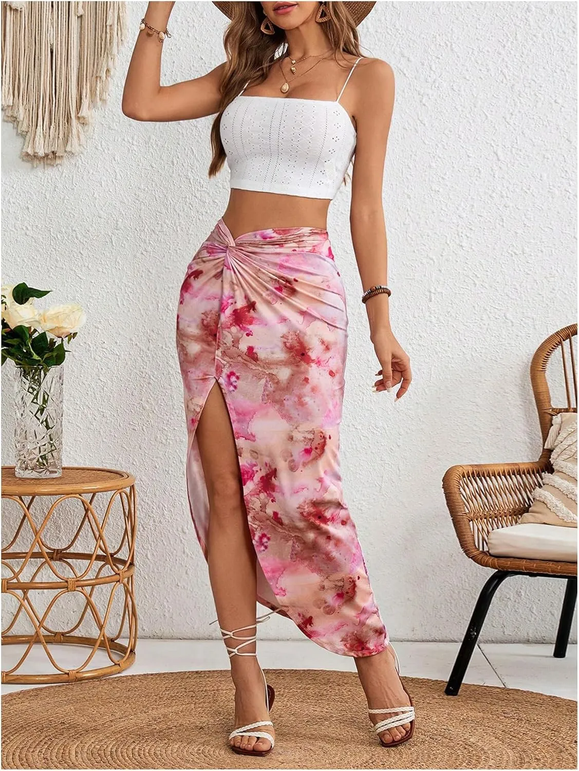 Verdusa Women's 2 Piece Holiday Outfits Crop Cami Top and Tie Dye Long Skirt Set
