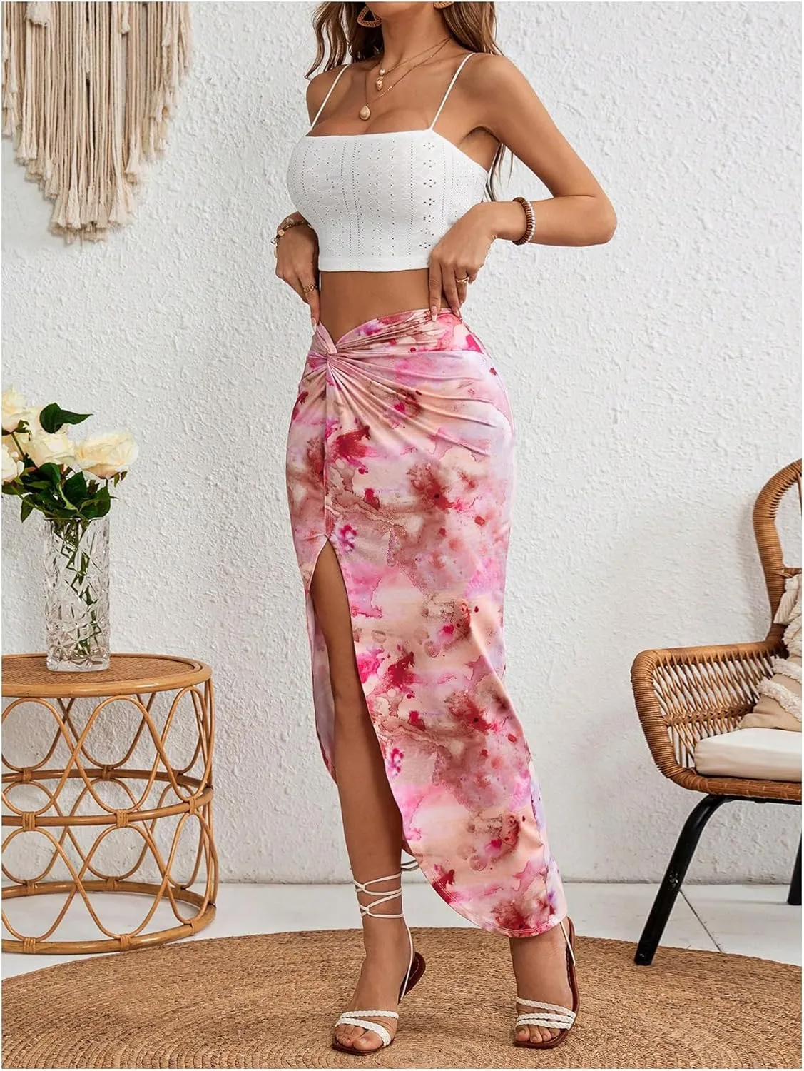 Verdusa Women's 2 Piece Holiday Outfits Crop Cami Top and Tie Dye Long Skirt Set