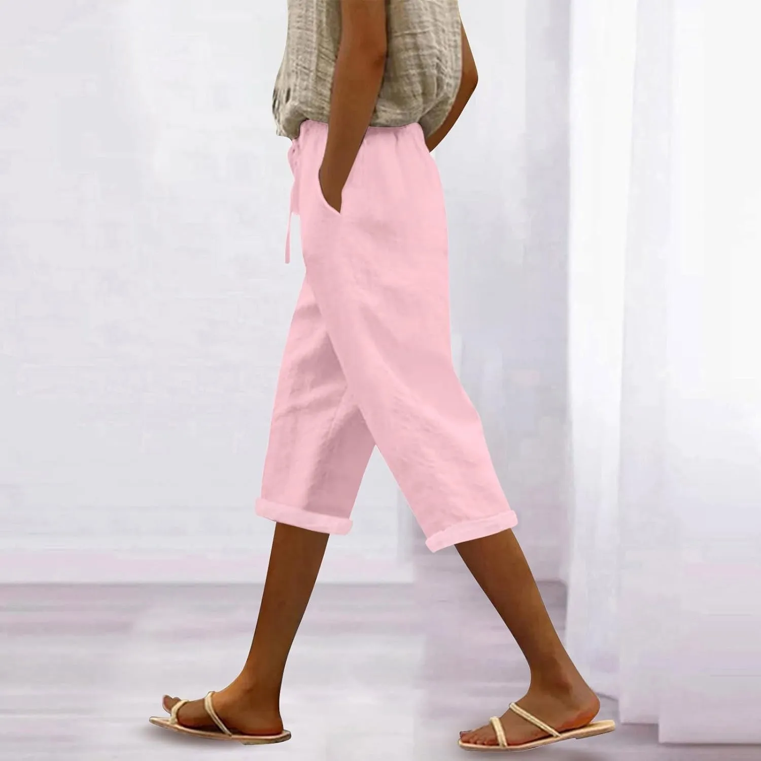 Versatile Nine Point Casual Pants Linen Elastic Seven Pants Beach Casual Pants Linen Elastic Waist Summer Baggy