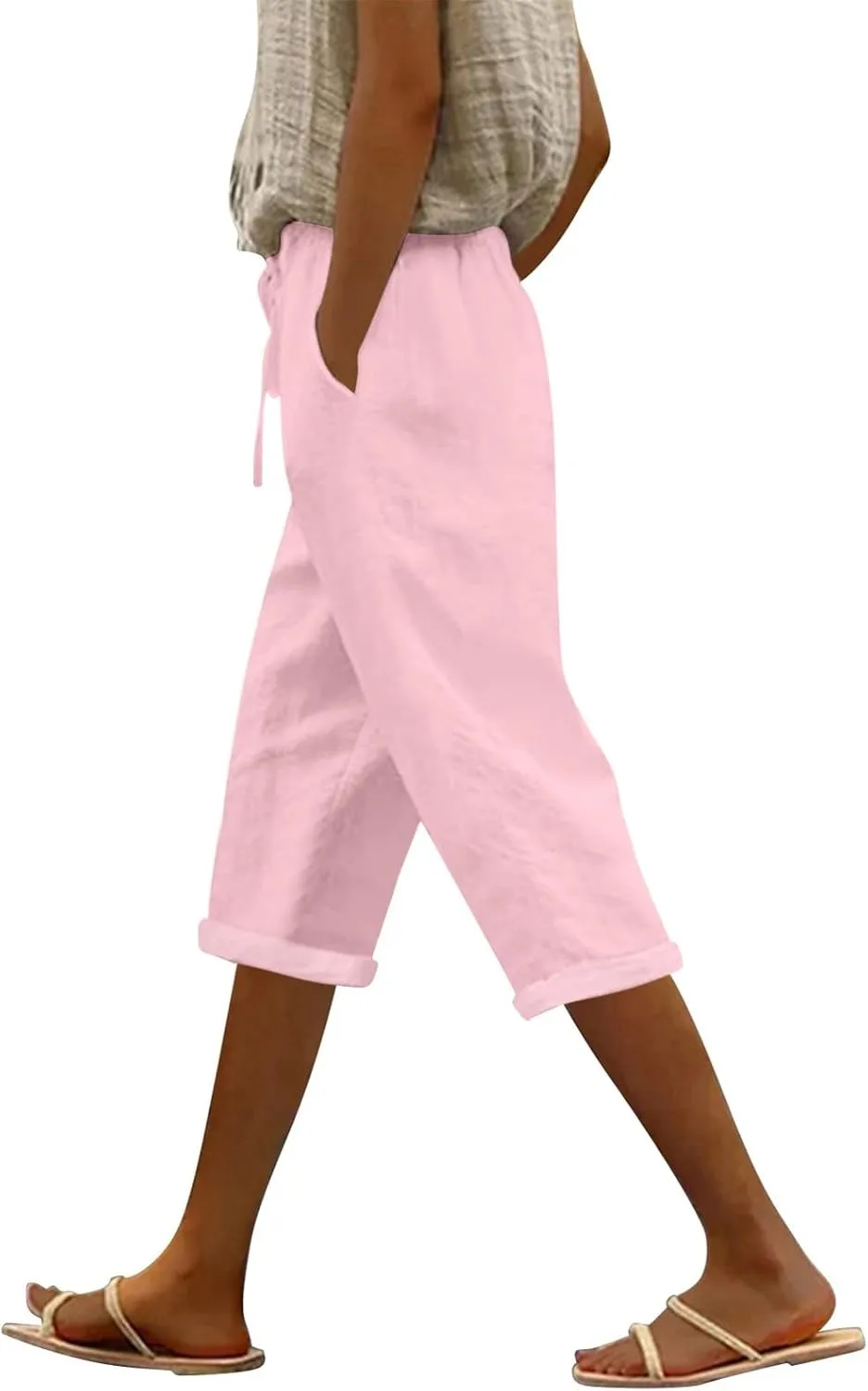 Versatile Nine Point Casual Pants Linen Elastic Seven Pants Beach Casual Pants Linen Elastic Waist Summer Baggy