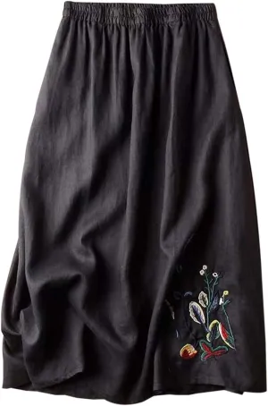 Vintage Floral Embroidered Cotton Linen Skirt for Women A Line Midi Skirt Slimming Versatile Flared Skirt See