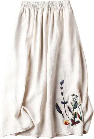 Vintage Floral Embroidered Cotton Linen Skirt for Women A Line Midi Skirt Slimming Versatile Flared Skirt See