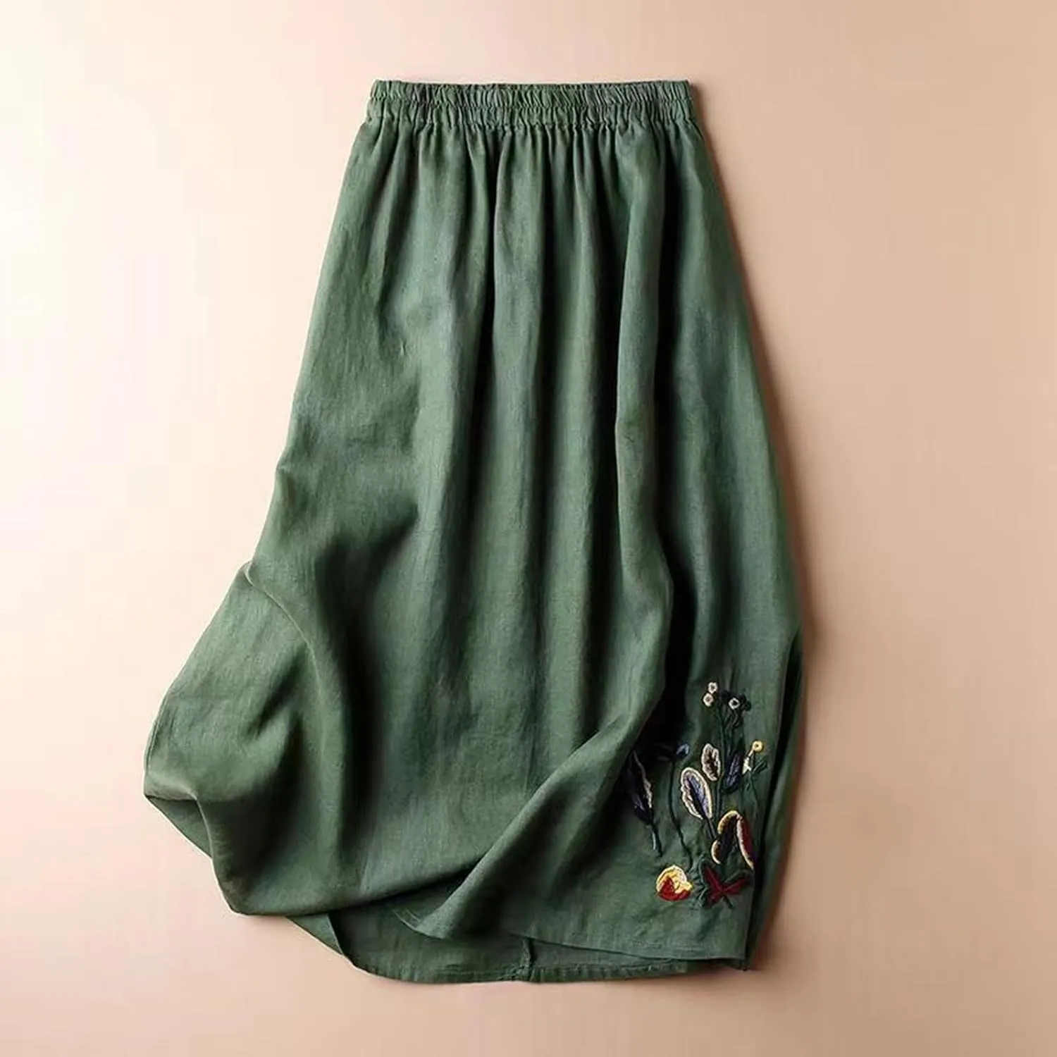 Vintage Floral Embroidered Cotton Linen Skirt for Women A Line Midi Skirt Slimming Versatile Flared Skirt See