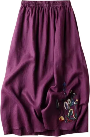 Vintage Floral Embroidered Cotton Linen Skirt for Women A Line Midi Skirt Slimming Versatile Flared Skirt See