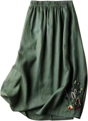 Vintage Floral Embroidered Cotton Linen Skirt for Women A Line Midi Skirt Slimming Versatile Flared Skirt See