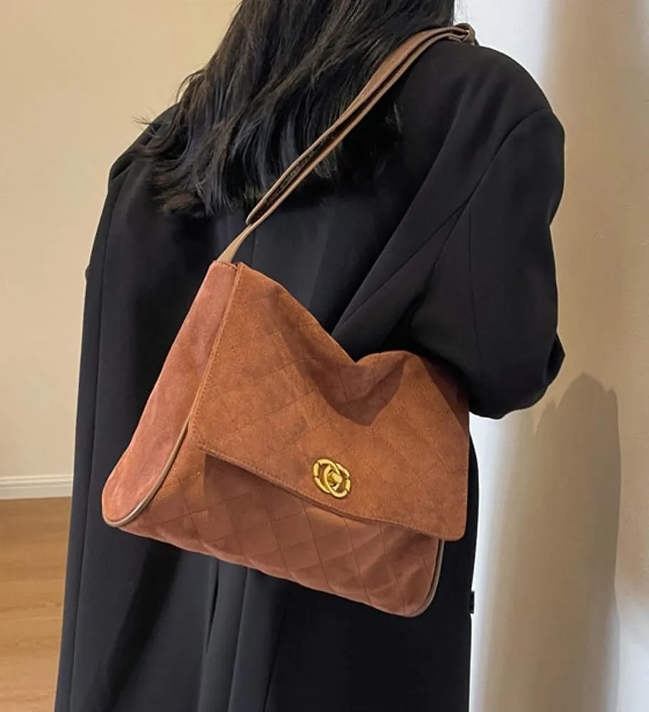 Vintage Suede Quilted Tote Bag for Women Large Capacity Crossbody Bag Lightweight Satchel Purse Causal Hobo Shoulder Bag 2024