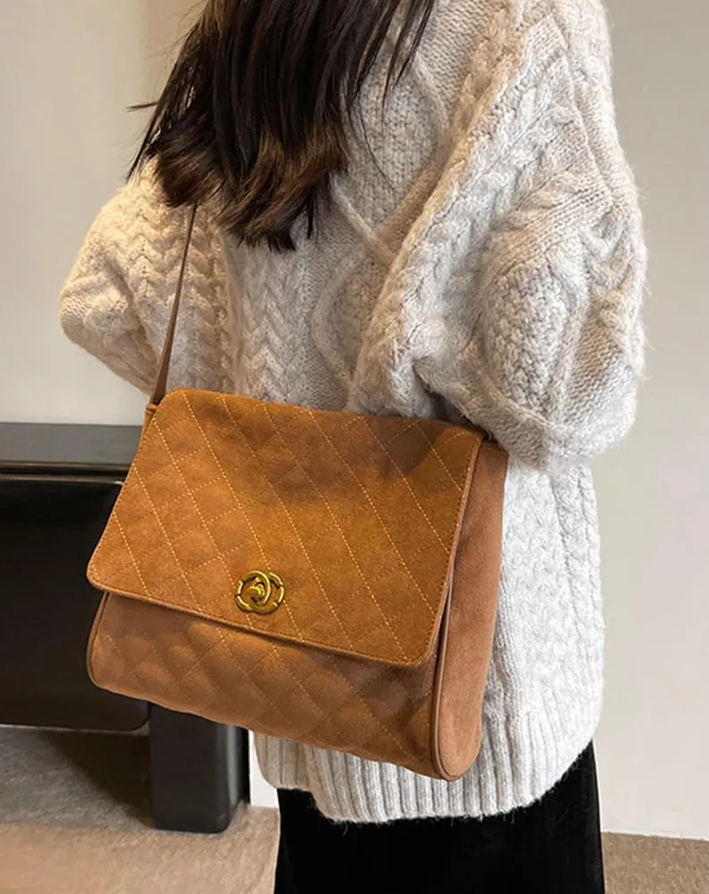 Vintage Suede Quilted Tote Bag for Women Large Capacity Crossbody Bag Lightweight Satchel Purse Causal Hobo Shoulder Bag 2024
