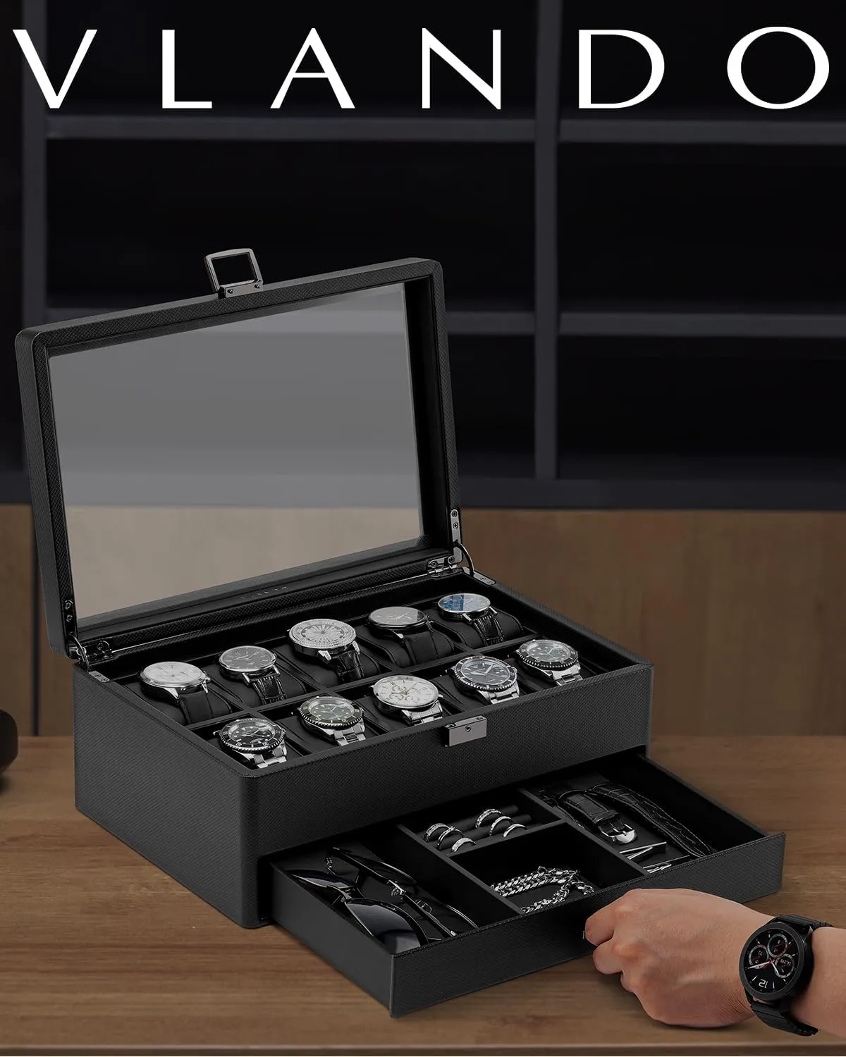 Vlando Watch Box 10 Slots, Lockable Watch Case with Textured Leather, 2 Layer Watch Holder for Rings, Glasses, Mens Jewelry Box with Glass Lid, Removable Divider, Fathers Day Gifts, Husband, Black