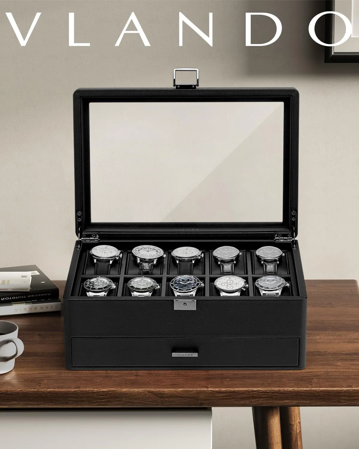 Vlando Watch Box 10 Slots, Lockable Watch Case with Textured Leather, 2 Layer Watch Holder for Rings, Glasses, Mens Jewelry Box with Glass Lid, Removable Divider, Fathers Day Gifts, Husband, Black
