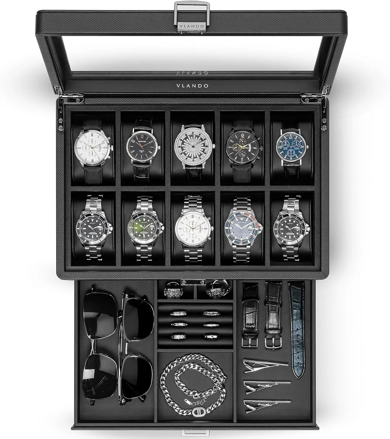 Vlando Watch Box 10 Slots, Lockable Watch Case with Textured Leather, 2 Layer Watch Holder for Rings, Glasses, Mens Jewelry Box with Glass Lid, Removable Divider, Fathers Day Gifts, Husband, Black