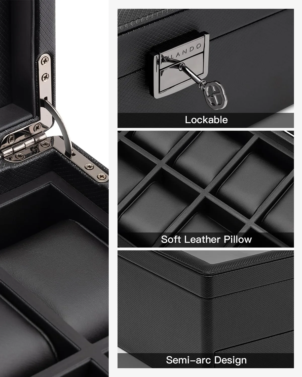 Vlando Watch Box 10 Slots, Lockable Watch Case with Textured Leather, 2 Layer Watch Holder for Rings, Glasses, Mens Jewelry Box with Glass Lid, Removable Divider, Fathers Day Gifts, Husband, Black