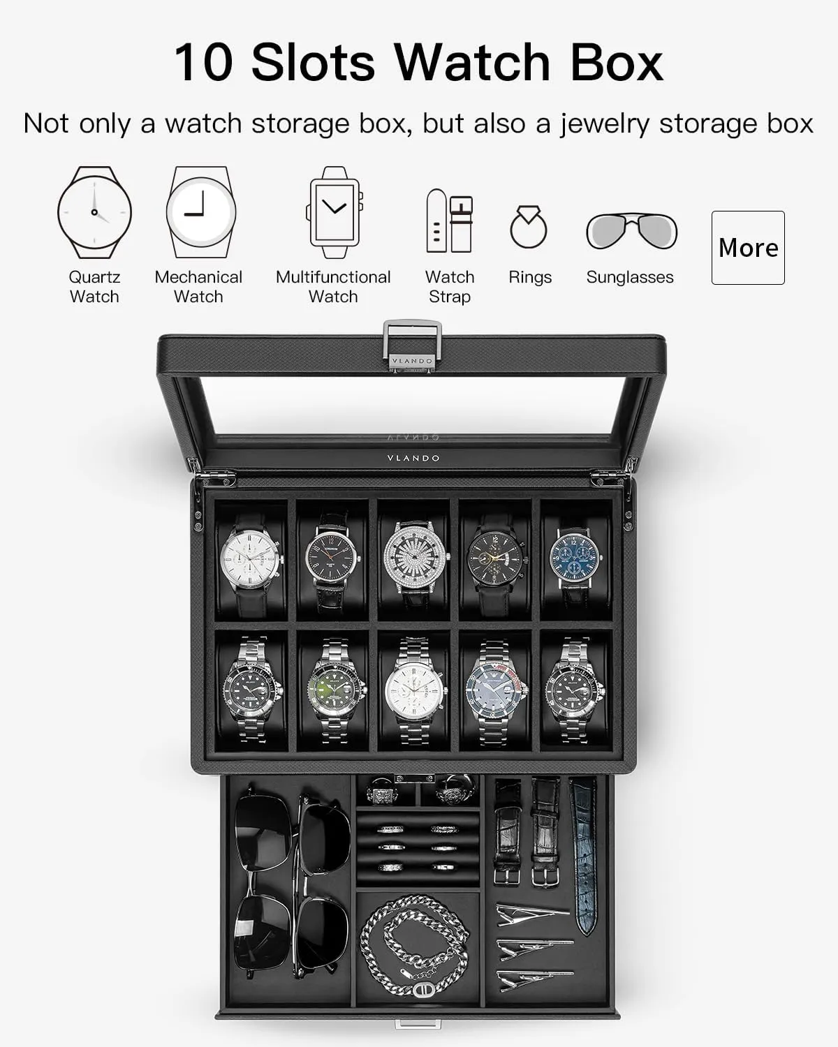 Vlando Watch Box 10 Slots, Lockable Watch Case with Textured Leather, 2 Layer Watch Holder for Rings, Glasses, Mens Jewelry Box with Glass Lid, Removable Divider, Fathers Day Gifts, Husband, Black