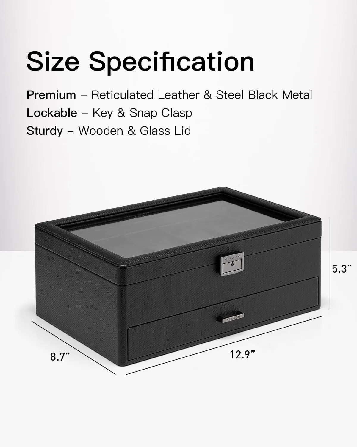 Vlando Watch Box 10 Slots, Lockable Watch Case with Textured Leather, 2 Layer Watch Holder for Rings, Glasses, Mens Jewelry Box with Glass Lid, Removable Divider, Fathers Day Gifts, Husband, Black