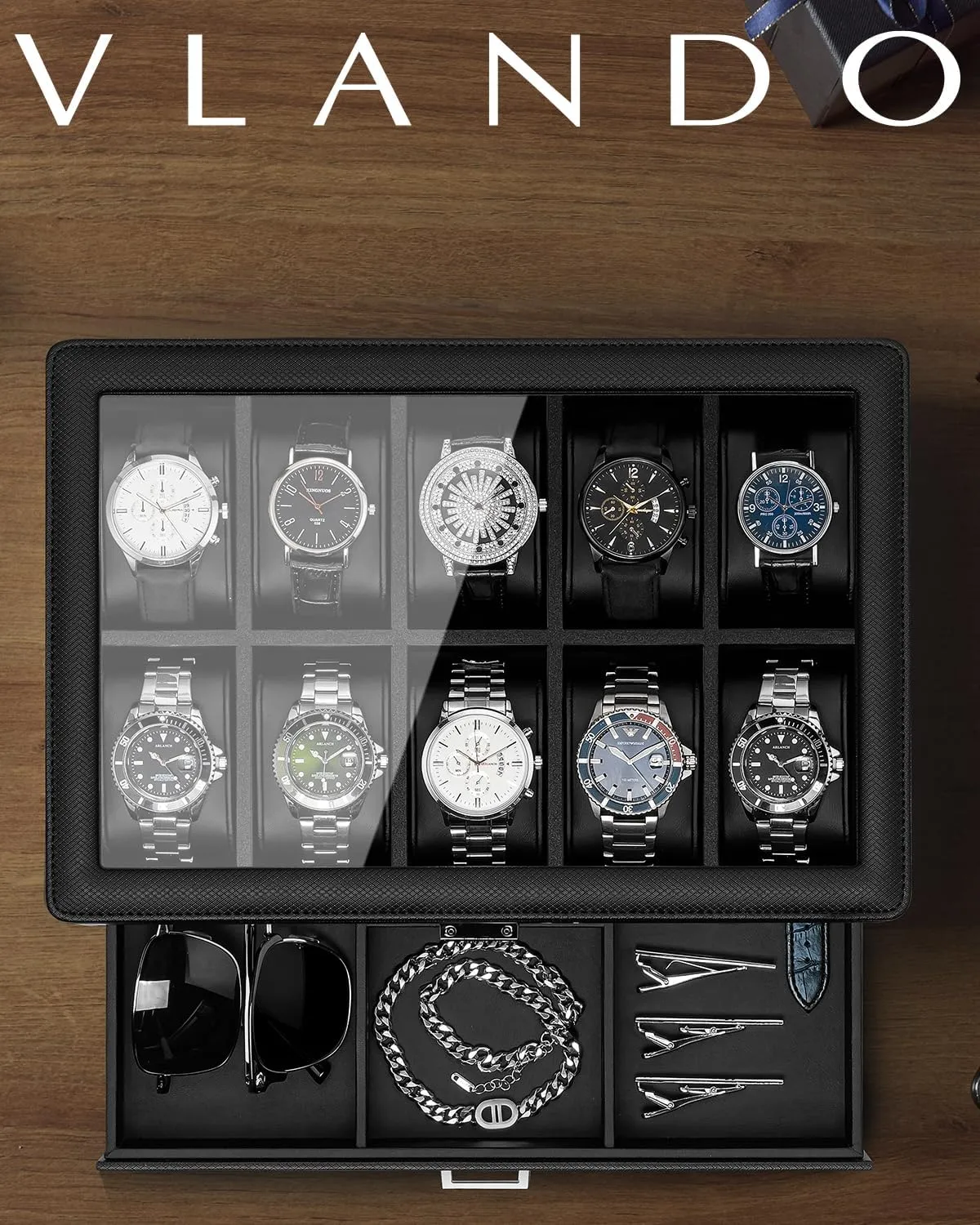 Vlando Watch Box 10 Slots, Lockable Watch Case with Textured Leather, 2 Layer Watch Holder for Rings, Glasses, Mens Jewelry Box with Glass Lid, Removable Divider, Fathers Day Gifts, Husband, Black