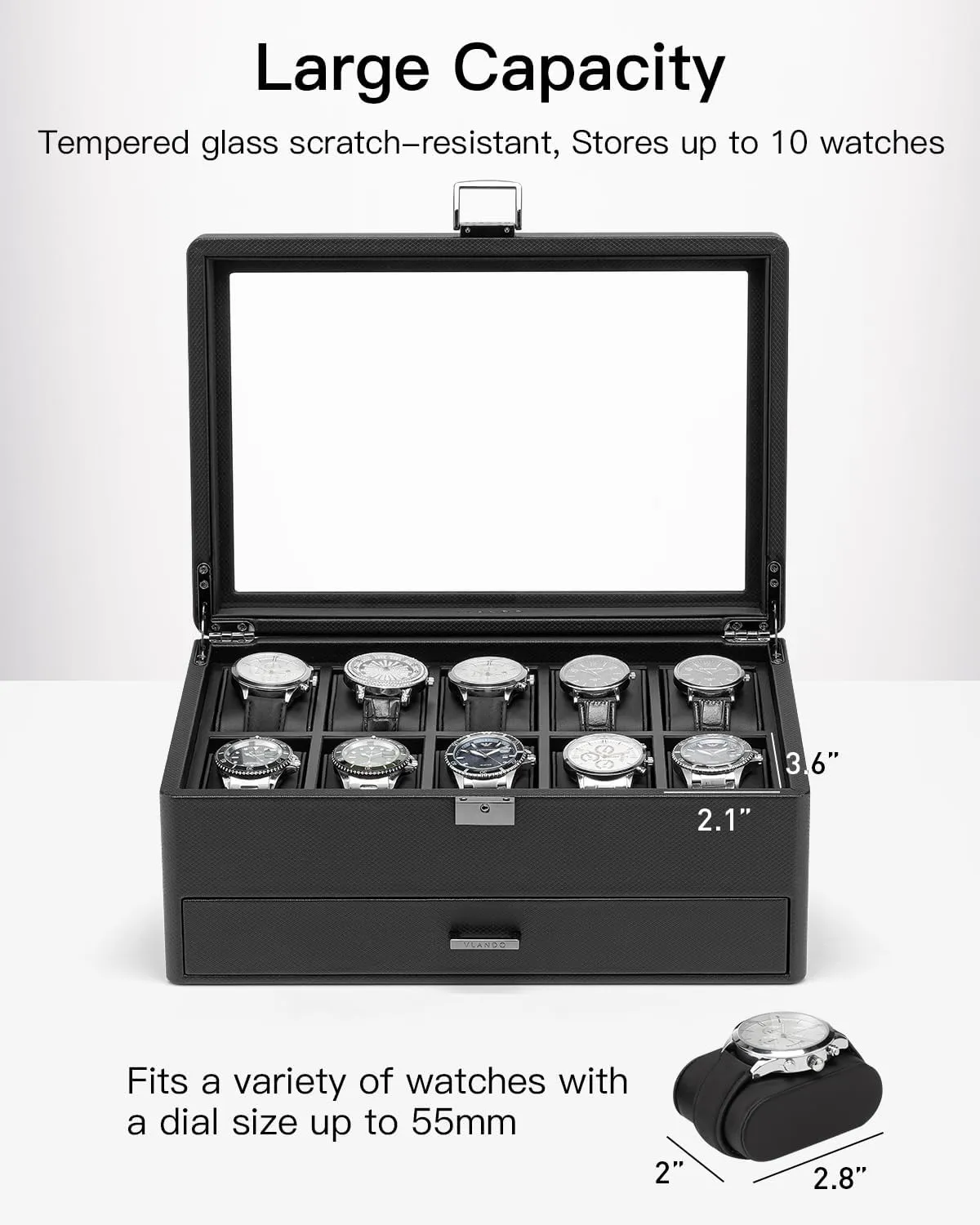 Vlando Watch Box 10 Slots, Lockable Watch Case with Textured Leather, 2 Layer Watch Holder for Rings, Glasses, Mens Jewelry Box with Glass Lid, Removable Divider, Fathers Day Gifts, Husband, Black