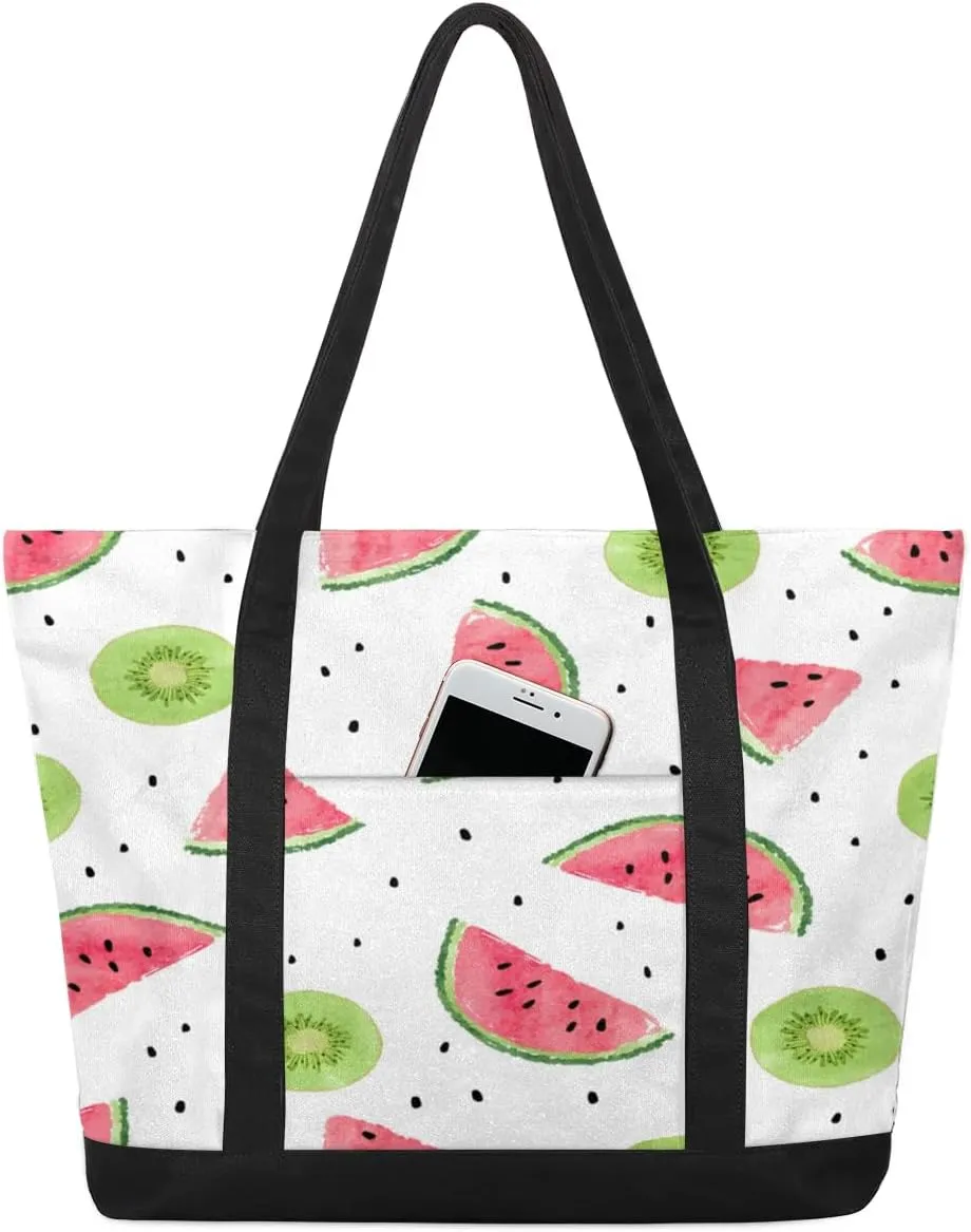 Watermelon Kiwi Tote Bag for Women Work Canvas Travel Tote Bags with Zipper Large Capacity Casual Handbag with Inner Pockets Reusable Shopping Shoulder Bag for Teacher Nurse