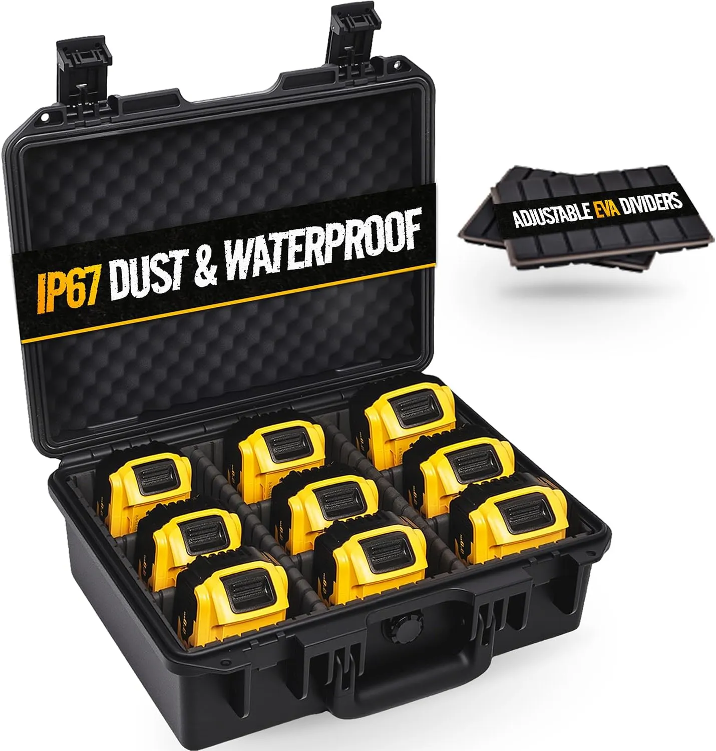 Waterproof Storage Case for Dewalt Milwaukee M18 M12 Battery & Charger with 9 Adjustable EVA Dividers, Organizer for Large Battery, Hard Shell Power Tool Lithium-Ion Batteries Case