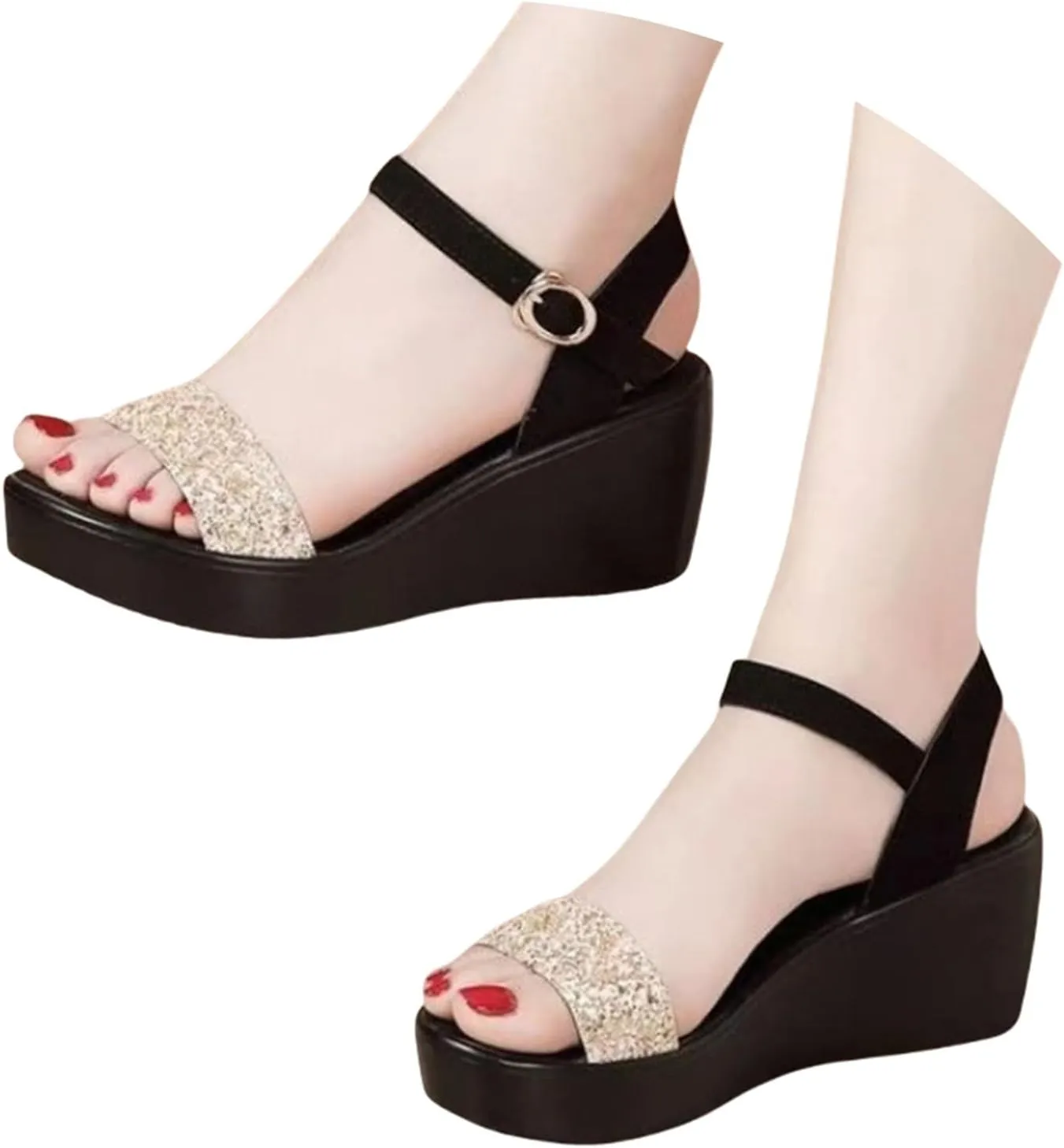 Wedge Sandals For Women 2025 Glitter Ankle Strap Dress Sandals Summer Slip On Low Heel Beach Shoes Open Toe Prom Party Wedding Shoes