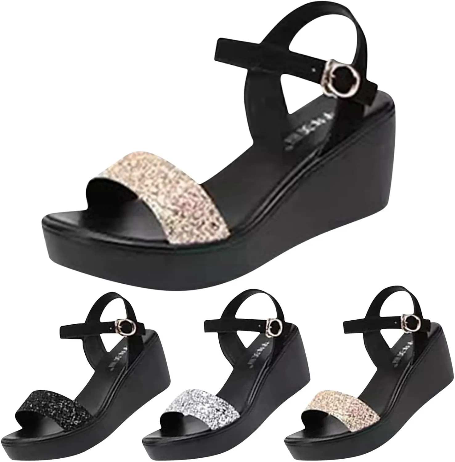 Wedge Sandals For Women 2025 Glitter Ankle Strap Dress Sandals Summer Slip On Low Heel Beach Shoes Open Toe Prom Party Wedding Shoes