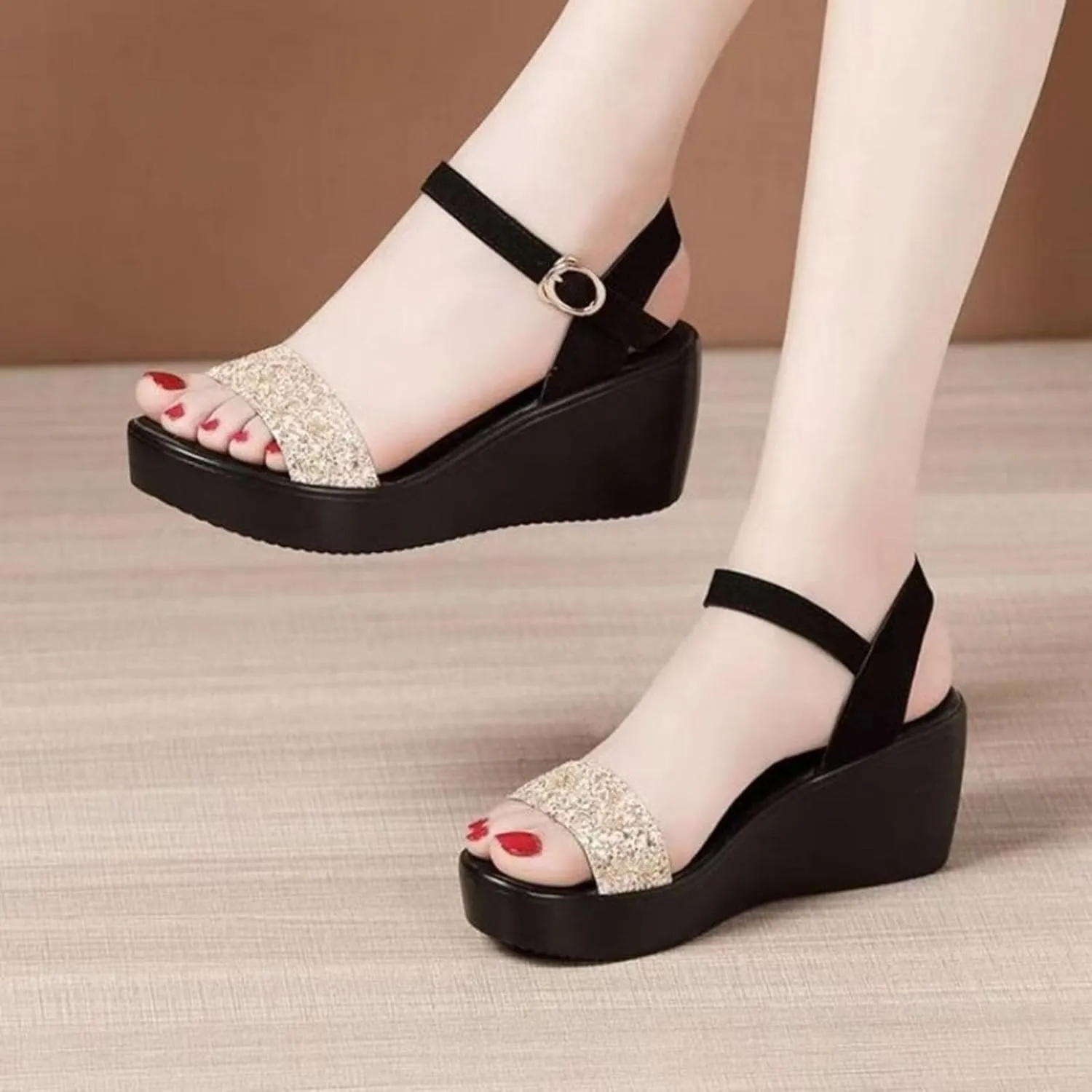 Wedge Sandals For Women 2025 Glitter Ankle Strap Dress Sandals Summer Slip On Low Heel Beach Shoes Open Toe Prom Party Wedding Shoes
