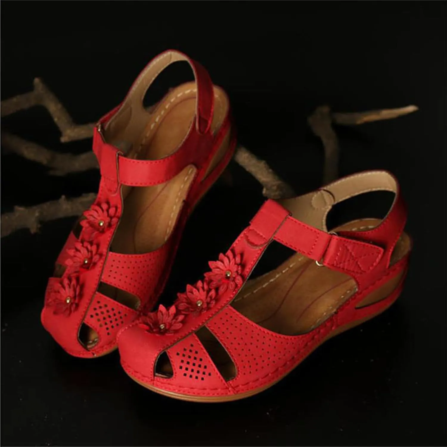 Wedge Sandals for Women Closed Toe Comfortable with Massage Function Outdoor Platform Orthotic Slippers Arch Support Shoes Orthopedic Dressy Summer Buckle Ankle Strap Espadrilles