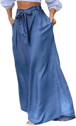Wide Leg Jean Pants for Women Button High Waist Denim Pants Zipper Lounge Flare Palazzo Trousers with Pockets