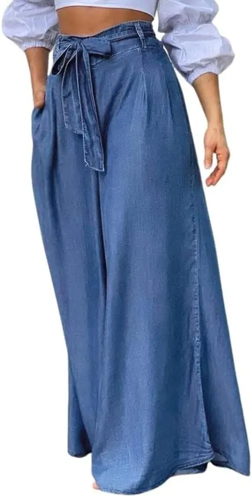 Wide Leg Jean Pants for Women Button High Waist Denim Pants Zipper Lounge Flare Palazzo Trousers with Pockets